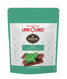 Land O Lakes Mint Cocoa Mix pouch shows rich, creamy flavor ready to brew.