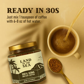 Land of the Sea Kona freeze-dried close-up, preserving aroma for instant enjoyment.
