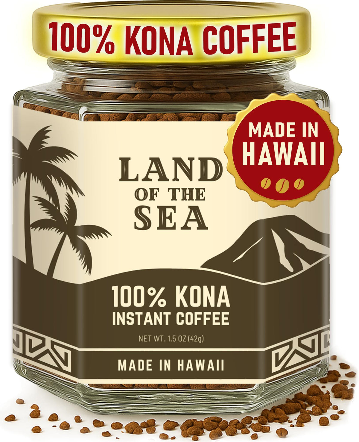 Land of the Sea Kona coffee jar close-up, rich aroma and authentic island flavor.