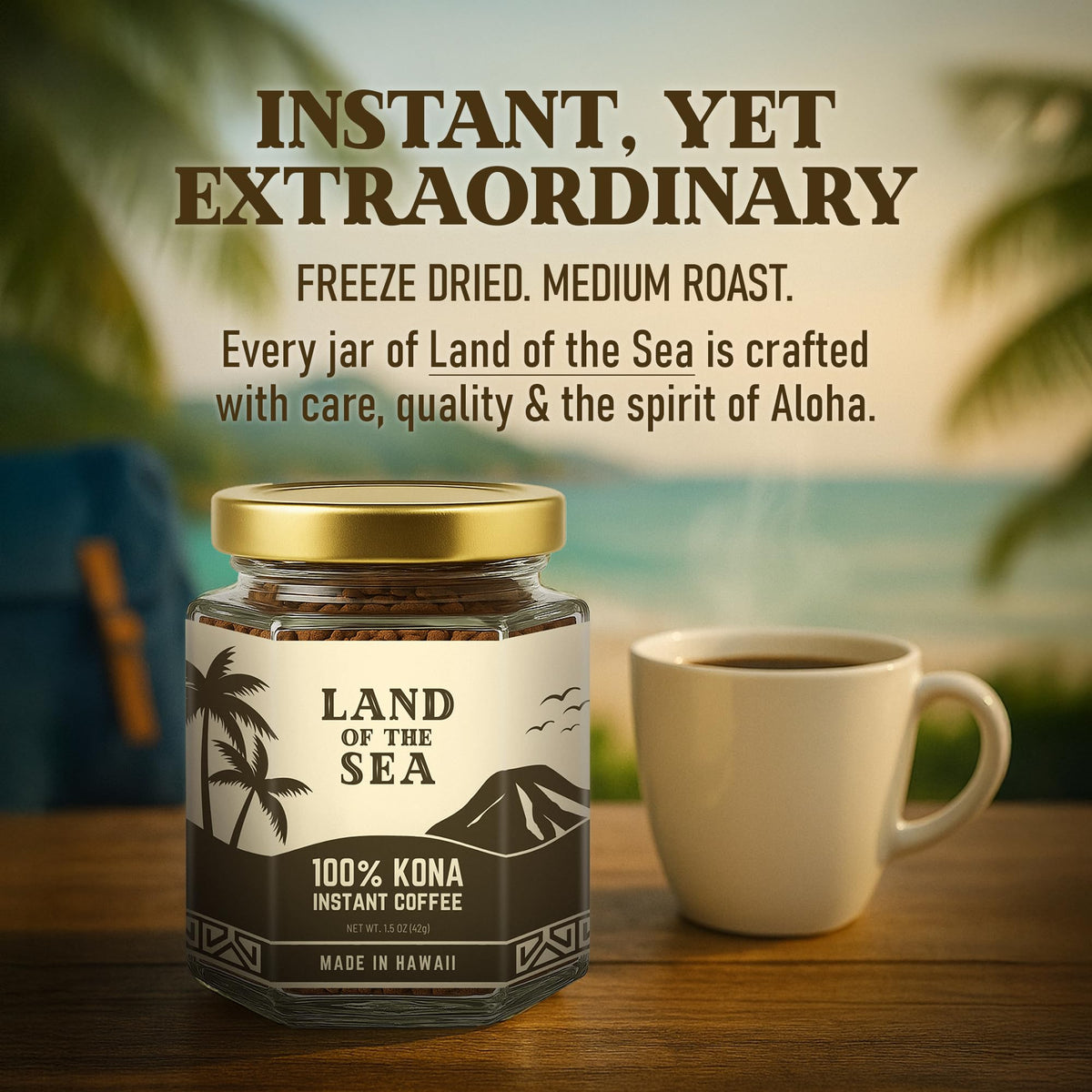 Land of the Sea Kona coffee mug setup with steam, inviting a comforting ritual.