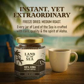Land of the Sea Kona coffee mug setup with steam, inviting a comforting ritual.