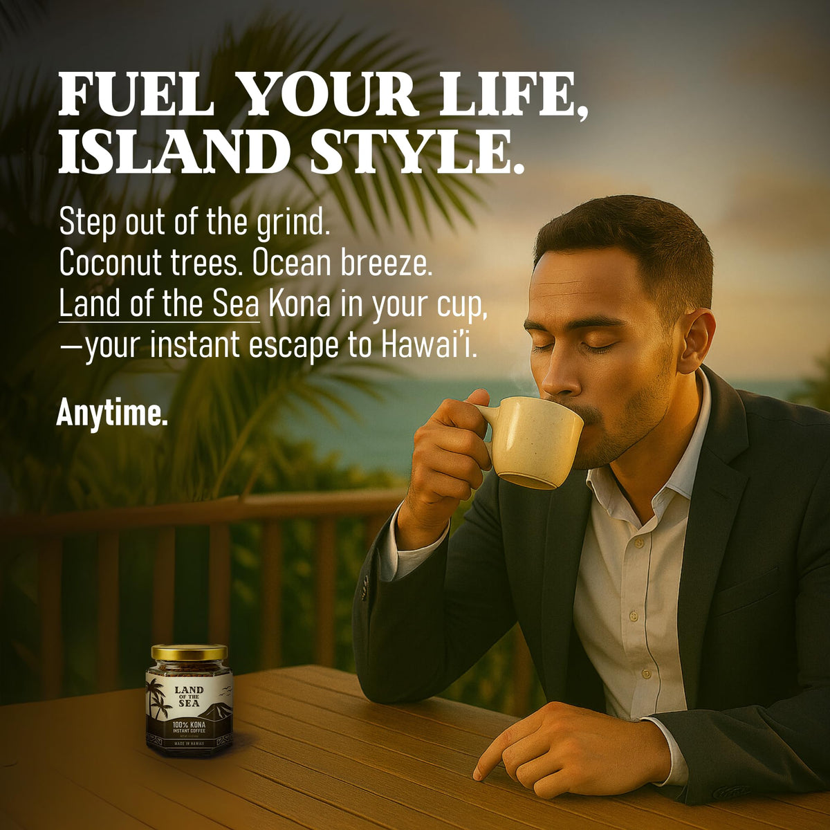 Land of the Sea Kona coffee packaging, compact jar for kitchen shelves.