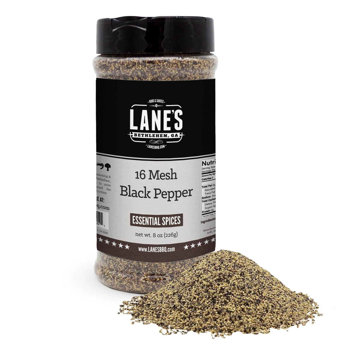 Lane's 16-mesh coarse pepper bottle shows precise grind and balanced flavor release.