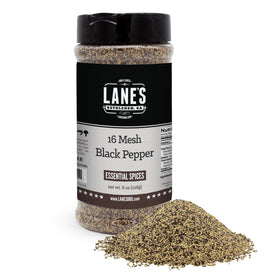 Lane's 16-mesh coarse pepper bottle shows precise grind and balanced flavor release.