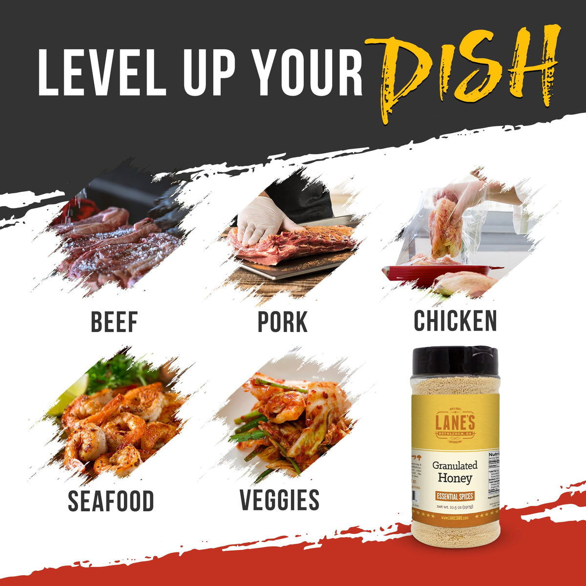 Lane's Granulated Honey BBQ glaze ideal for savory grilled dishes.