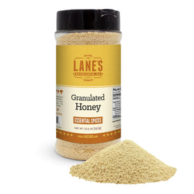 Lane's All Natural Granulated Honey bottle pour for controlled seasoning and caramelization.