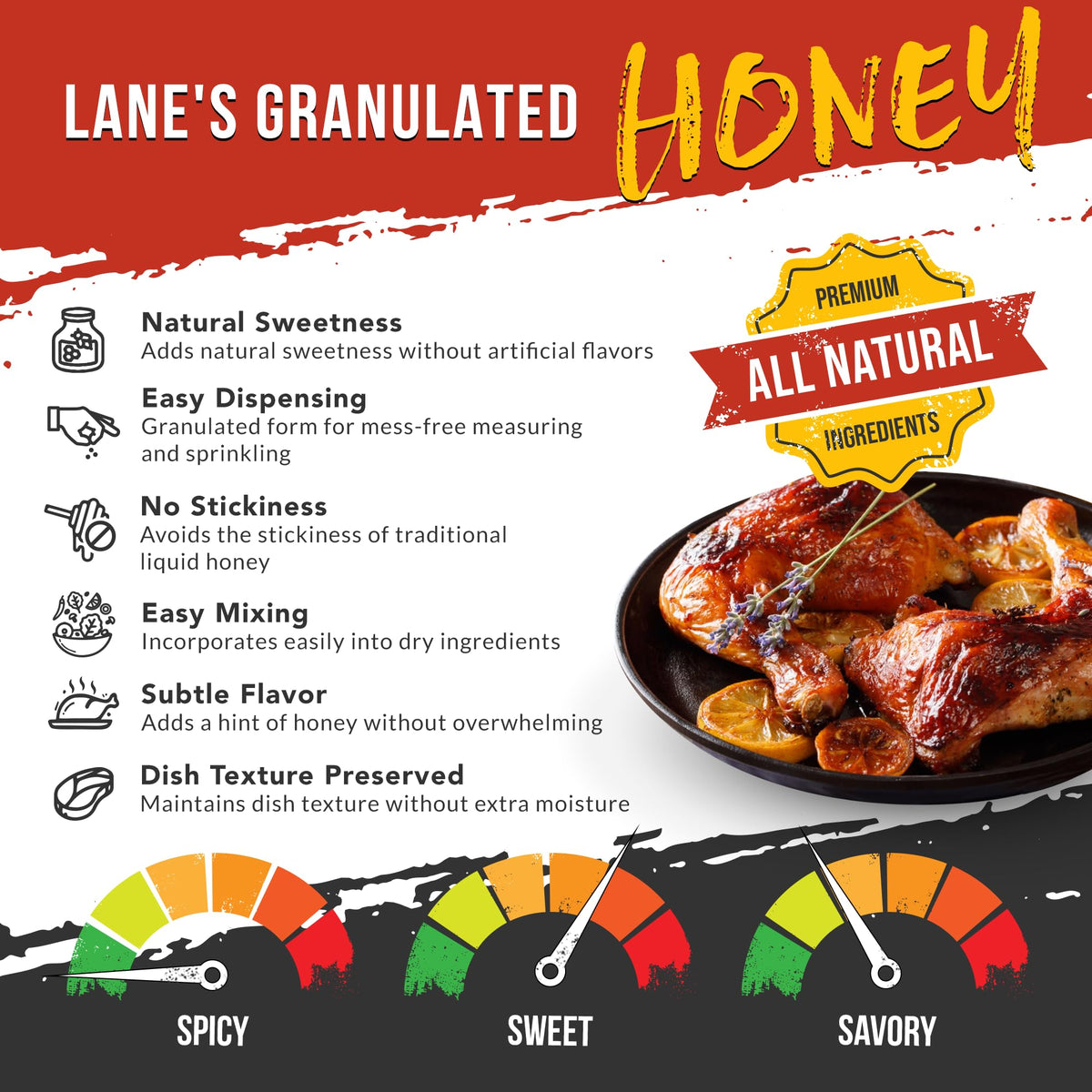 Lane's Granulated Honey granules dispense for easy sprinkling on dishes.