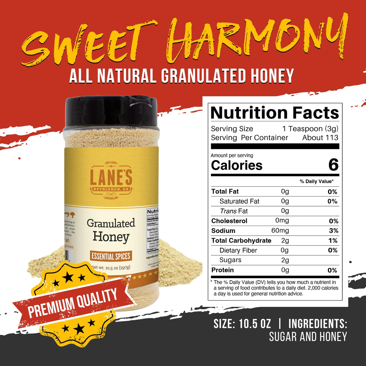 Lane's Granulated Honey jar in a kitchen setup for everyday cooking.