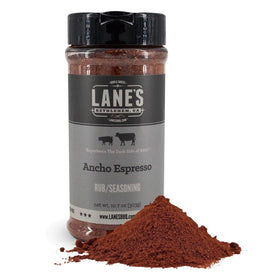Lane's Ancho Espresso Rub bottle front for bold beef and chicken flavor.