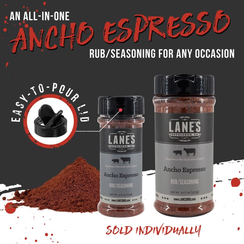 Lane's Ancho Espresso Rub jar sits beside grill tools for ready seasoning.