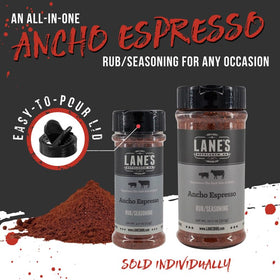 Lane's Ancho Espresso Rub jar sits beside grill tools for ready seasoning.