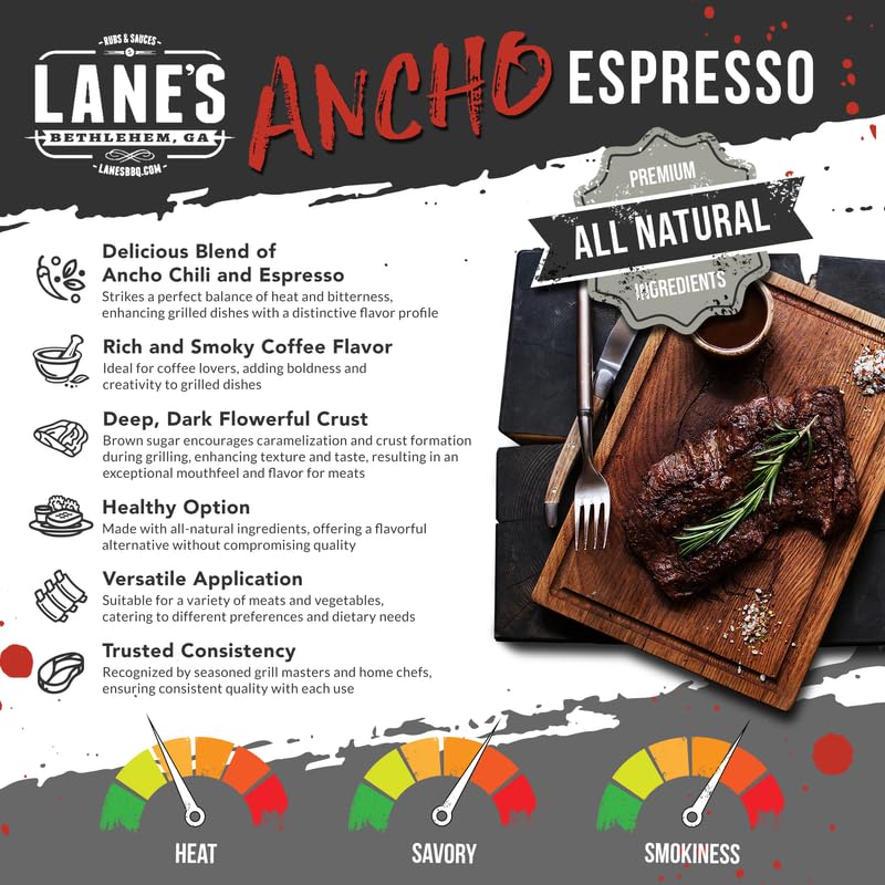 Lane's Ancho Espresso Rub label close-up highlights natural ingredients.