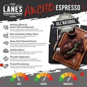 Lane's Ancho Espresso Rub label close-up highlights natural ingredients.
