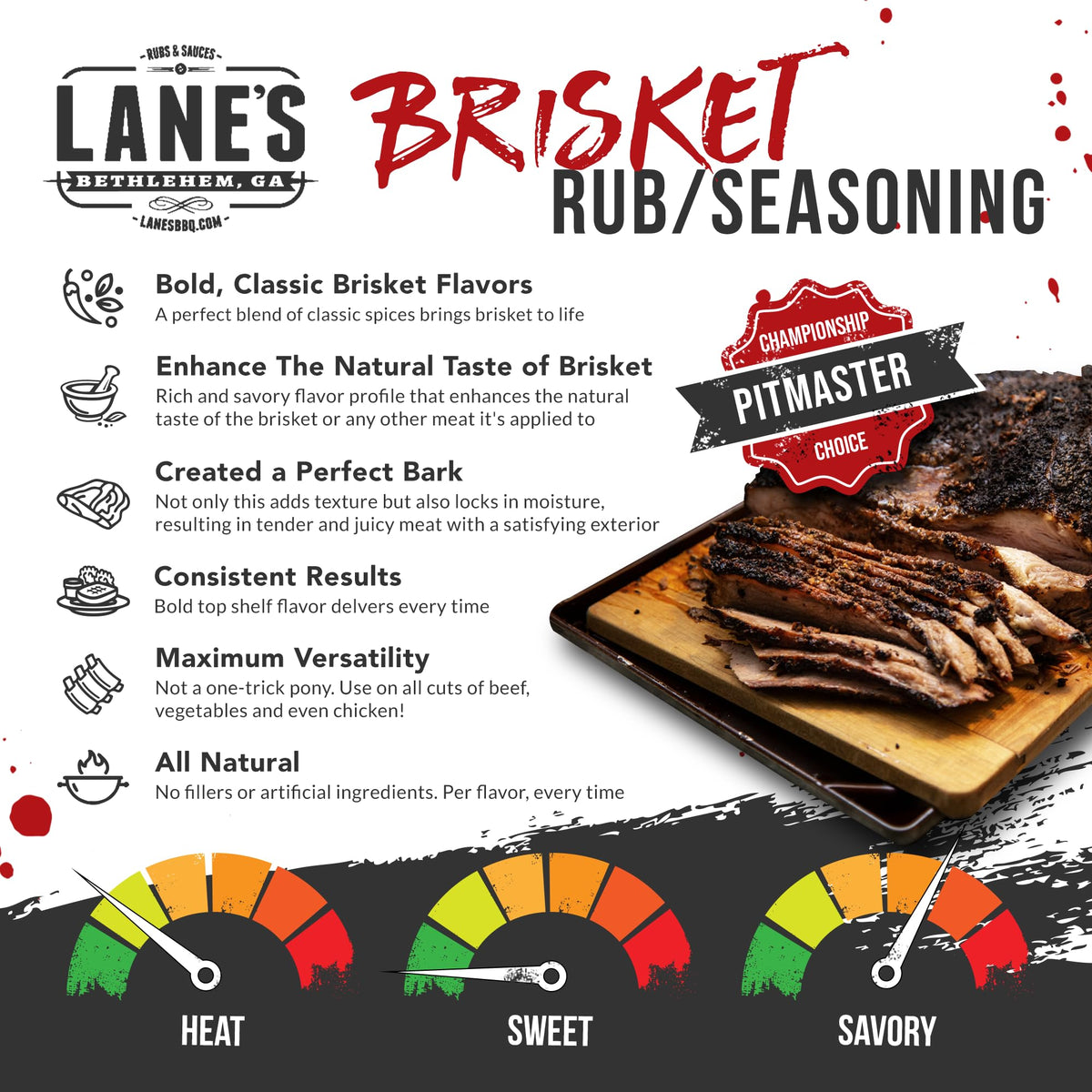 Lane's Brisket Rub dusting steak enhances smokey, savory sear
