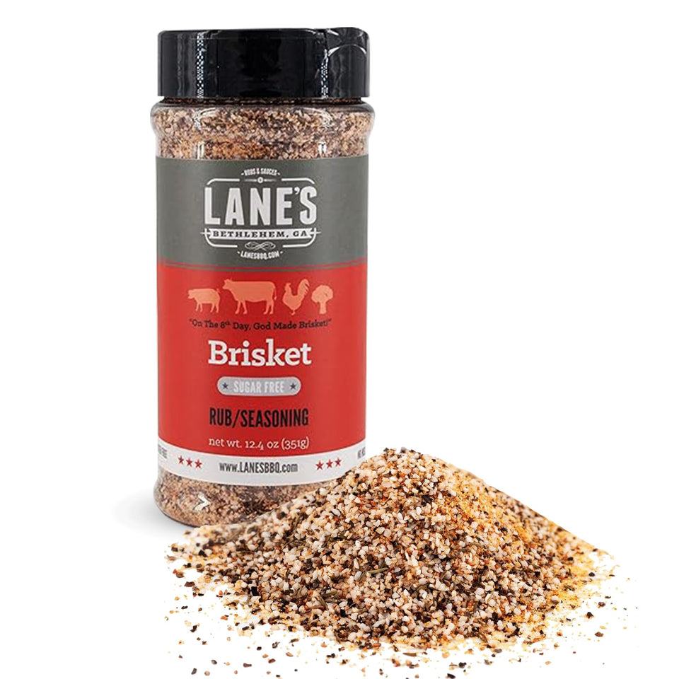 Lane's Brisket Rub jar label close-up highlights natural ingredients for premium BBQ