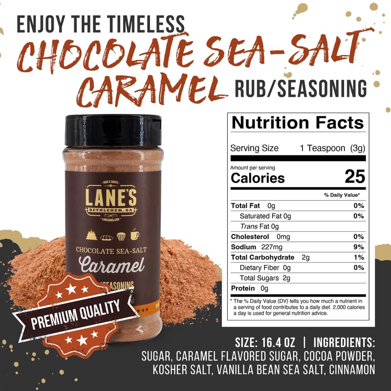 Lane's Packaging closeup shows clean label on Lane's Chocolate Sea-Salt Caramel Seasoning