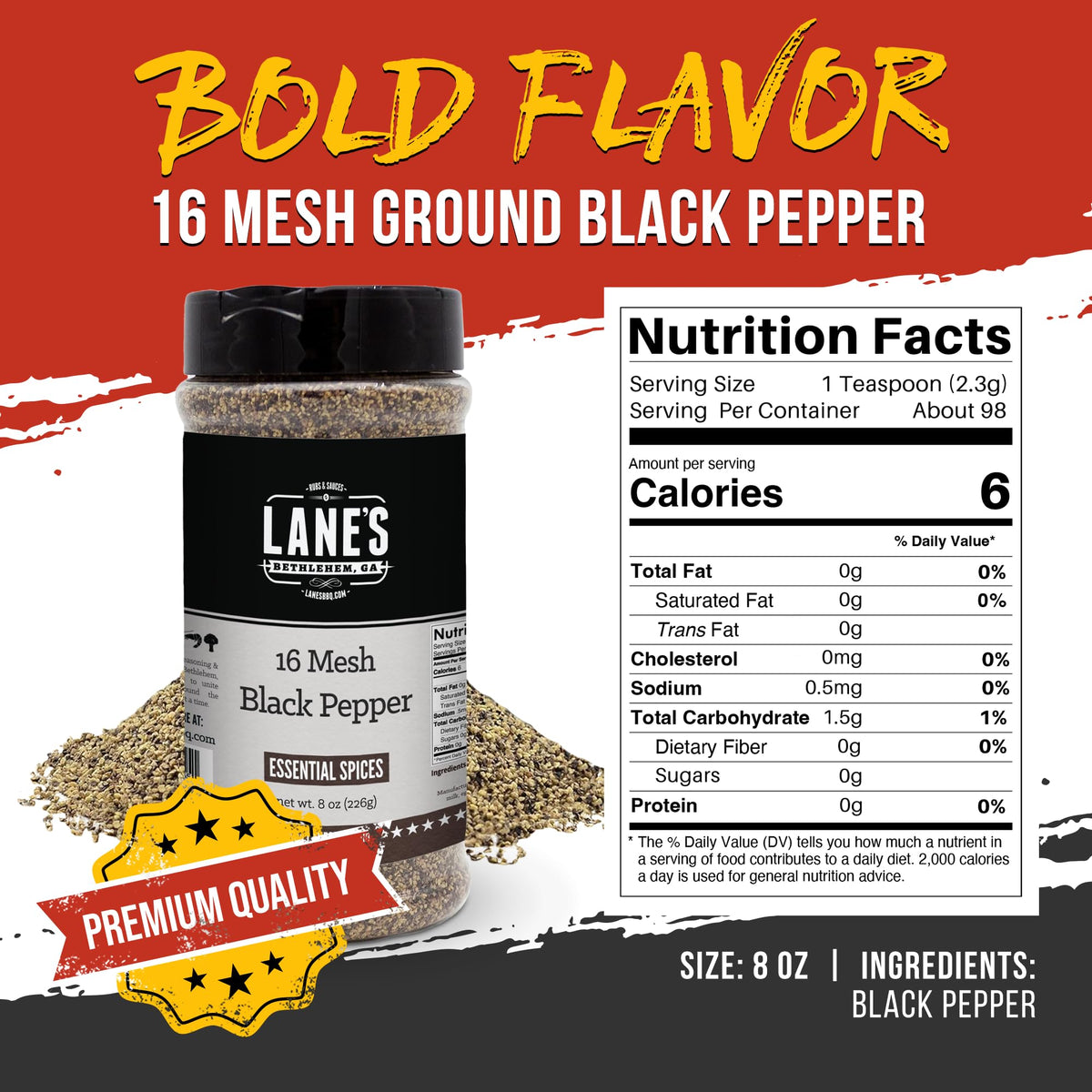Lane's coarse-ground pepper texture demonstrates uniform grind for robust, dust-free seasoning.