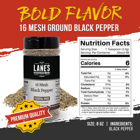 Lane's coarse-ground pepper texture demonstrates uniform grind for robust, dust-free seasoning.