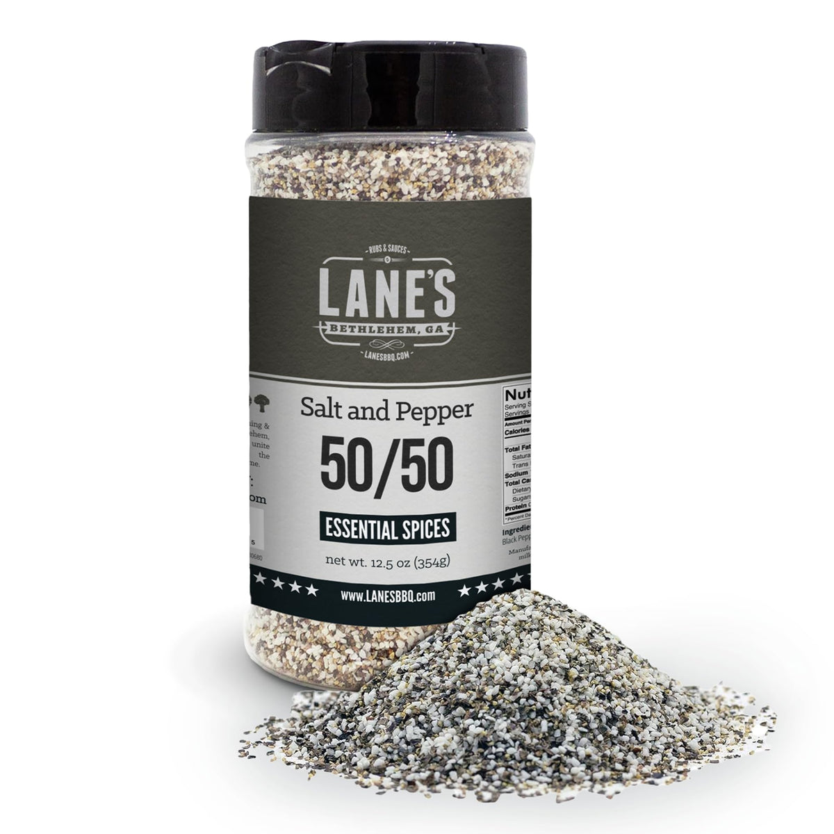 Lane's Coarse Salt & Pepper 50/50 jar showcases a classic two-ingredient seasoning.