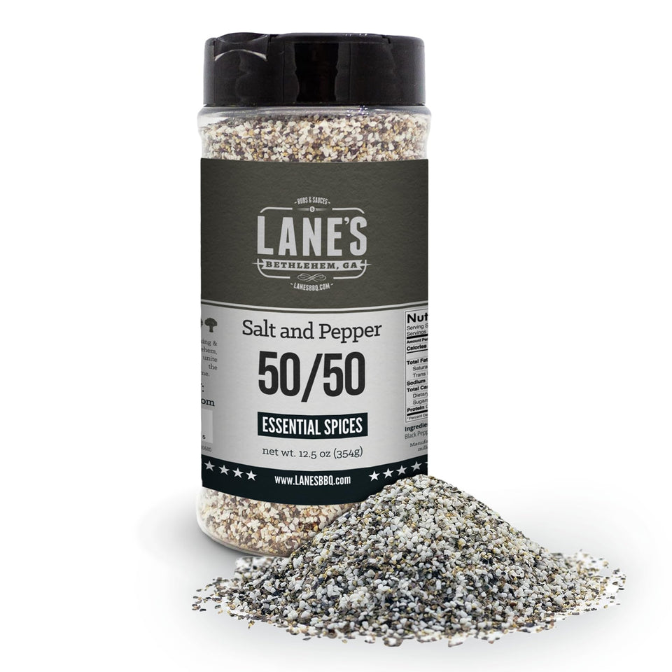Lane's Coarse Salt & Pepper 50/50 jar showcases a classic two-ingredient seasoning.