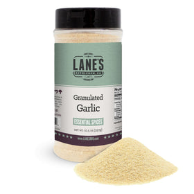 Lane's Granulated Garlic Seasoning bottle pouring to enhance pork flavor.