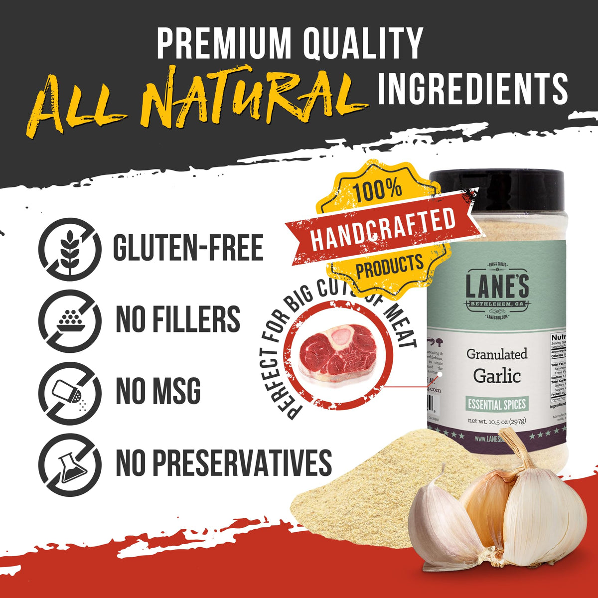 Lane's Granulated Garlic Seasoning easy-pour lid for quick grilling.