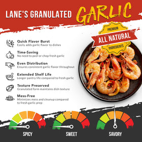 Lane's Granulated Garlic Seasoning close-up granules for rich aroma.
