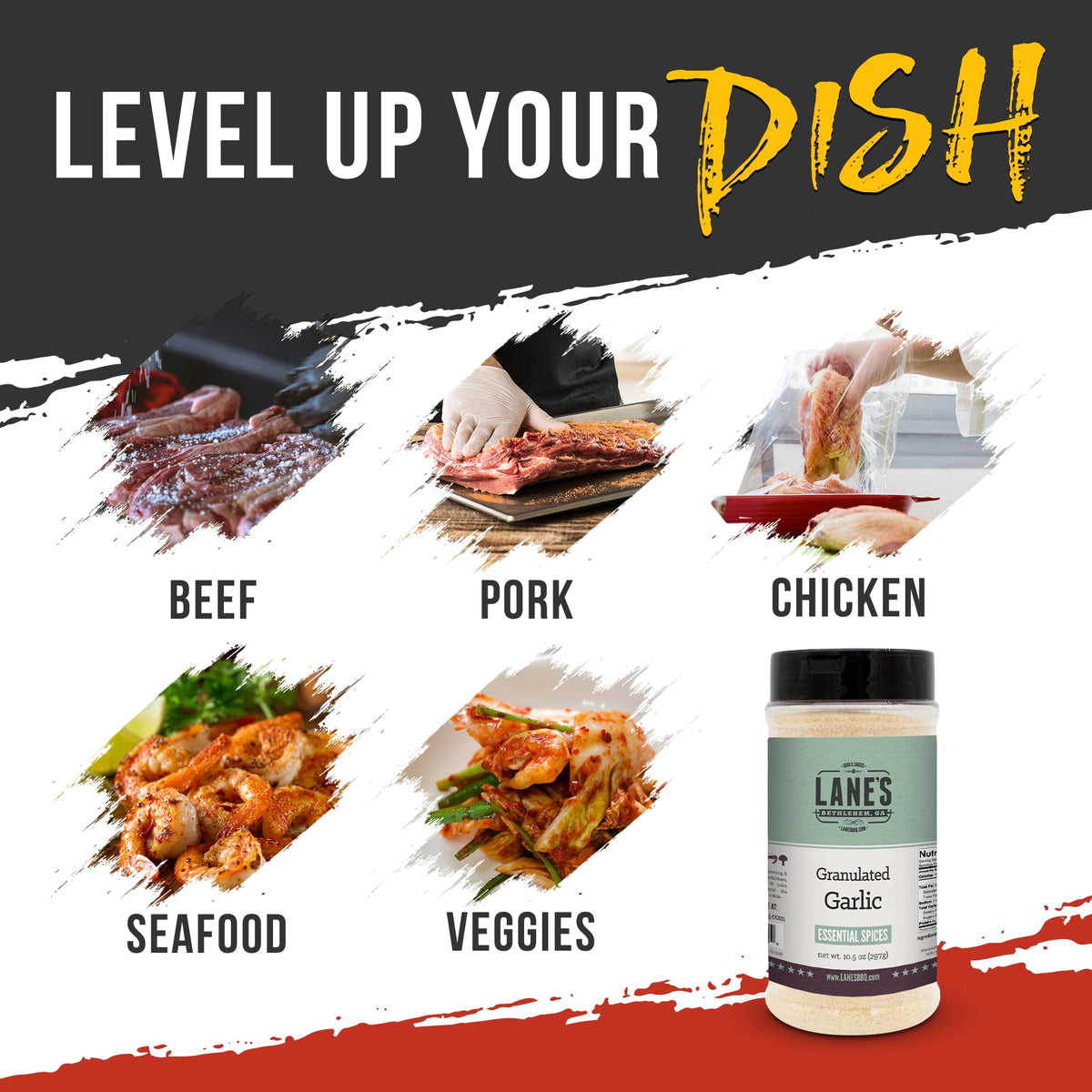 Lane's Granulated Garlic Seasoning sprinkled on pork dish for depth.