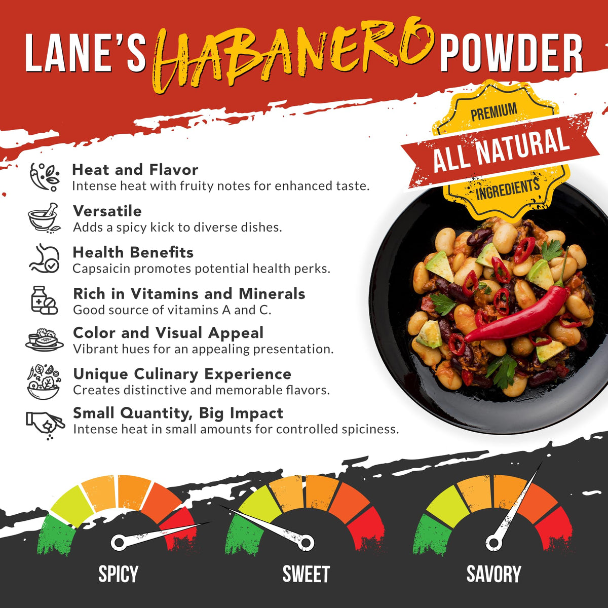 Lane’s Habanero Powder label closeup highlights clean, gluten-free ingredients.