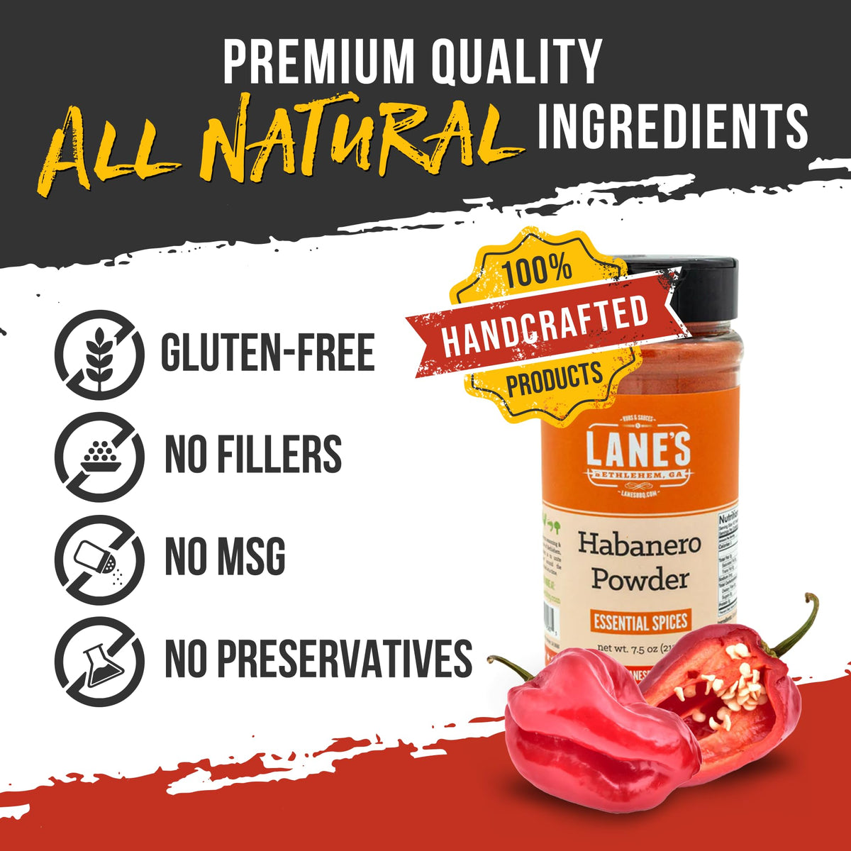 Lane’s Habanero Powder shaker dispensing spice for even coverage.