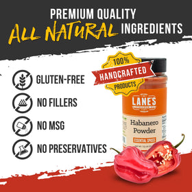 Lane’s Habanero Powder shaker dispensing spice for even coverage.