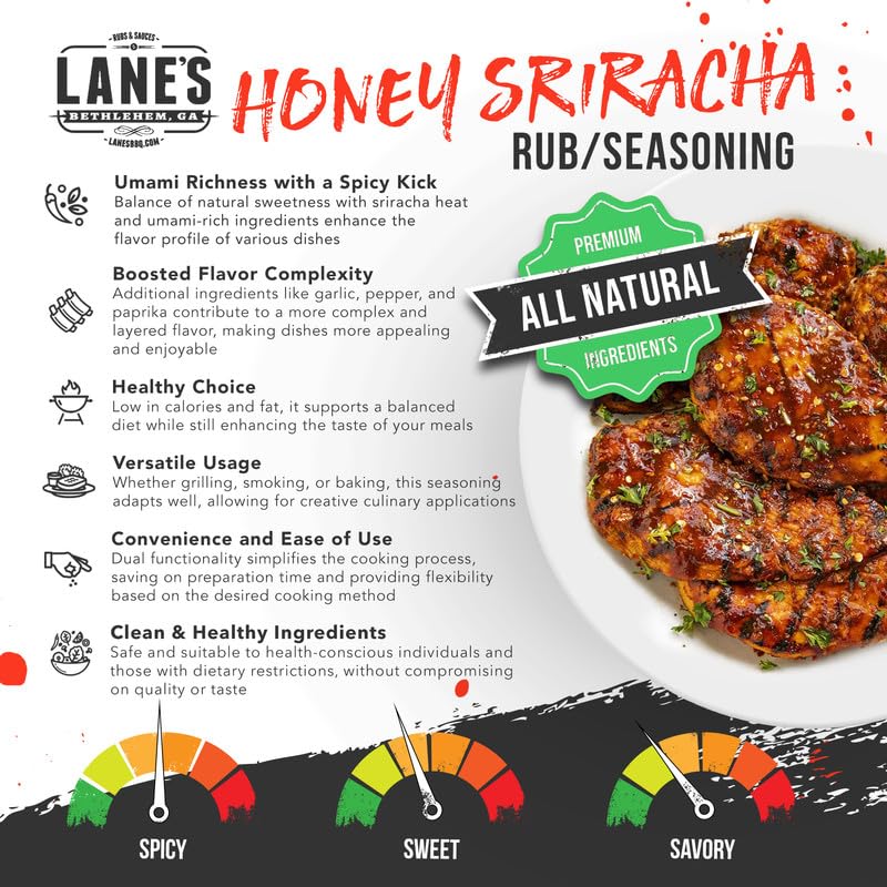 Lane's Honey Sriracha Seasoning jar label shows all-natural blend for meals