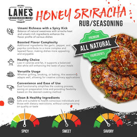Lane's Honey Sriracha Seasoning jar label shows all-natural blend for meals