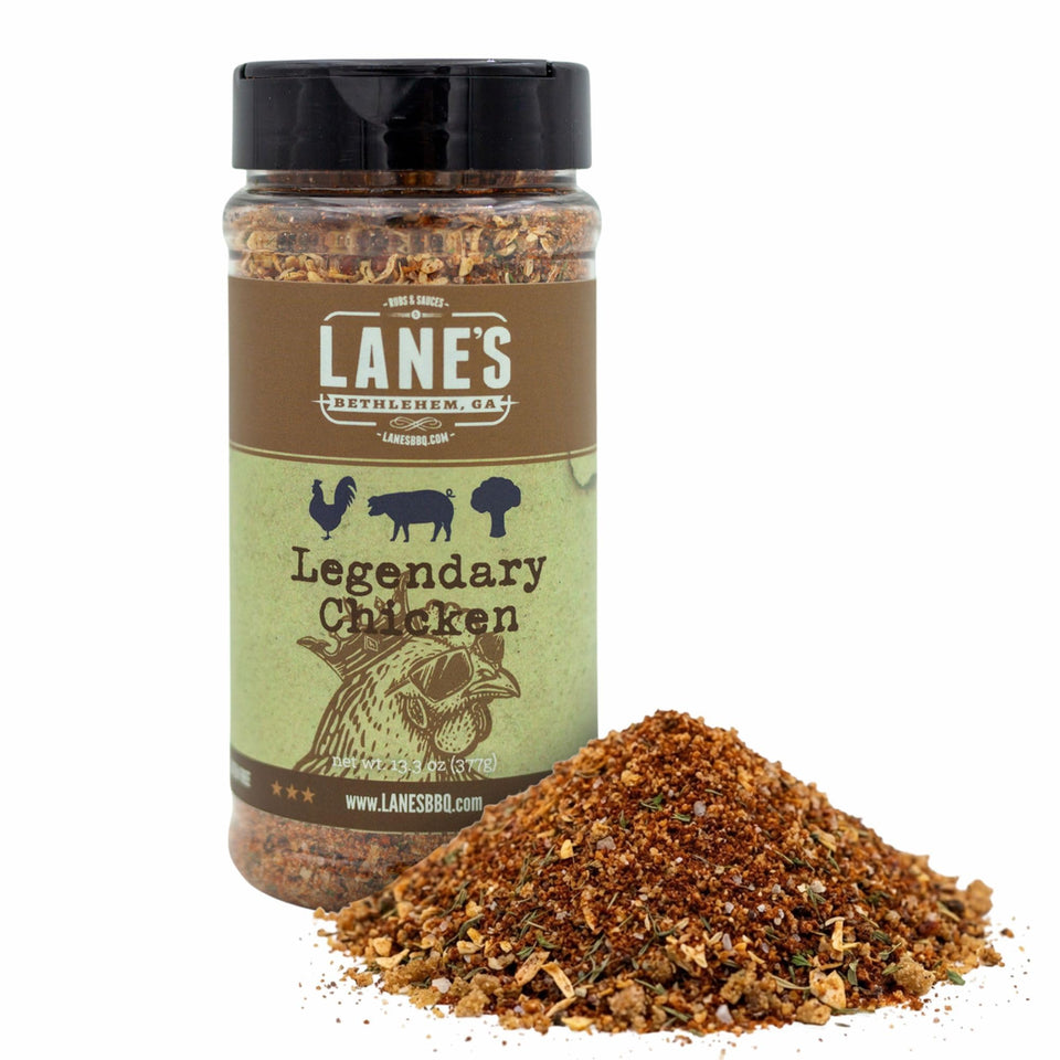 Lane's Legendary Chicken Rub bottle delivers clean-label flavor on grilled chicken.