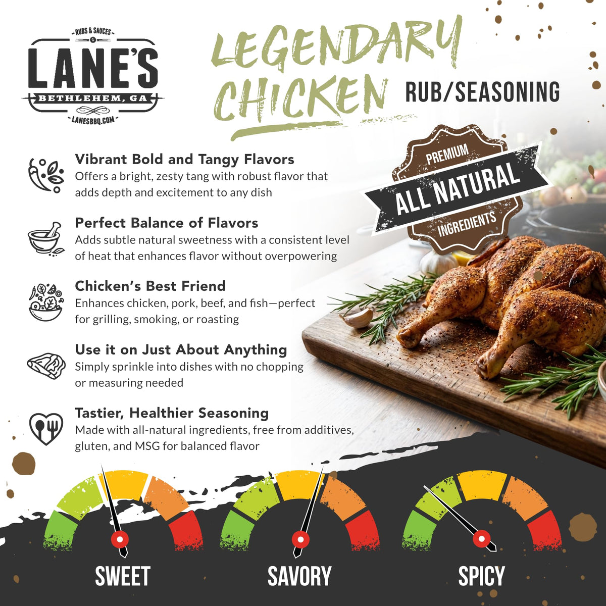 Lane's Legendary Chicken Rub dry rub close-up highlights herbs and spices.