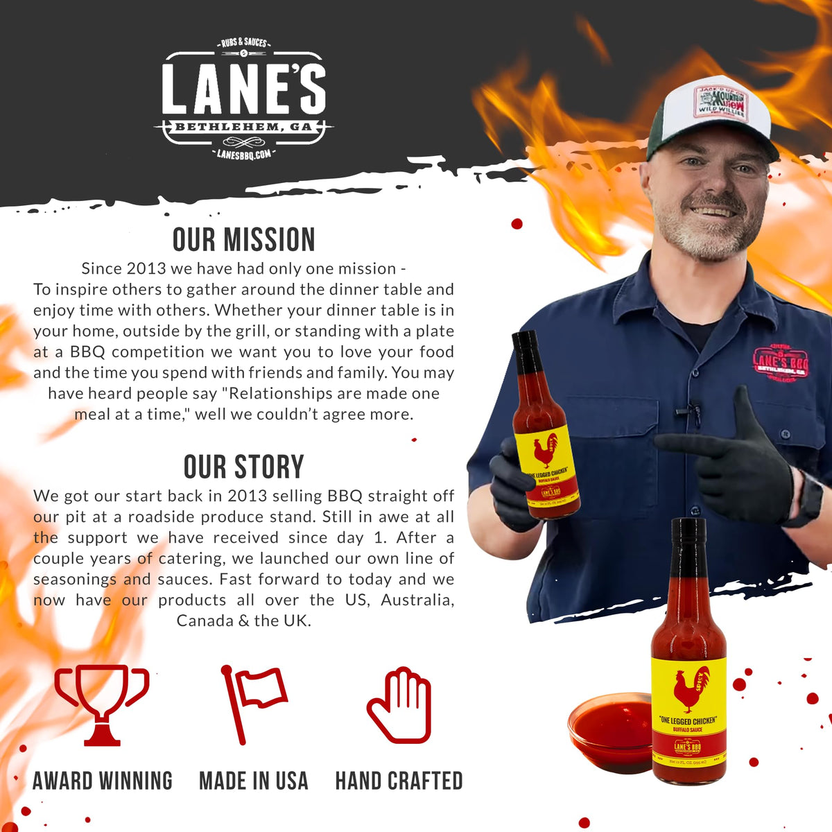 Lane's One Legged Chicken Buffalo Sauce 10 oz bottle.