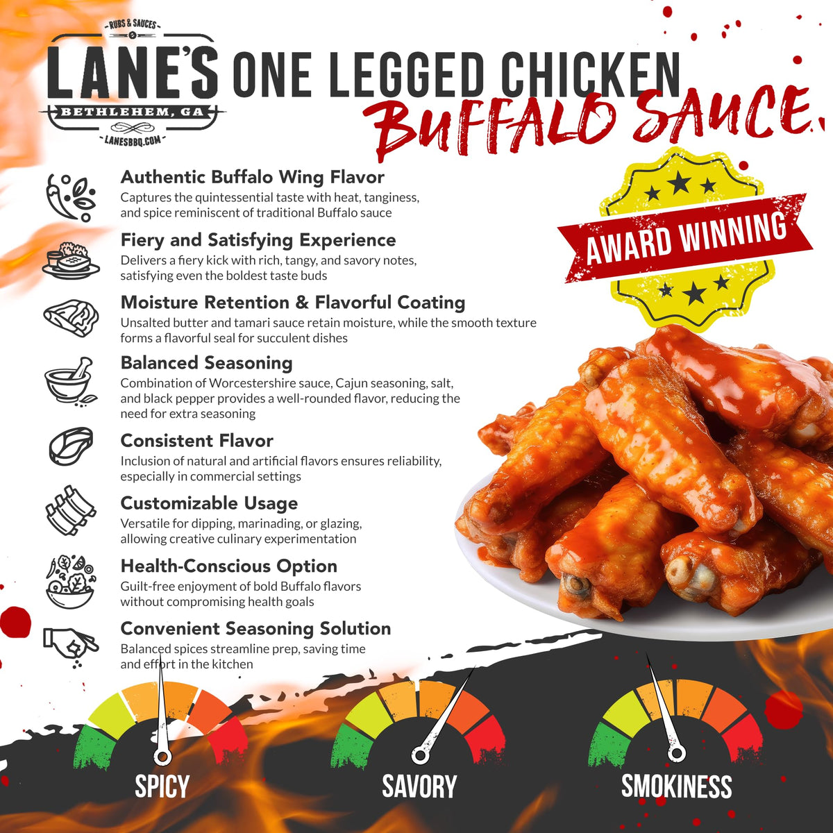 Lane's Buffalo Sauce on crispy wings for bold tanginess.