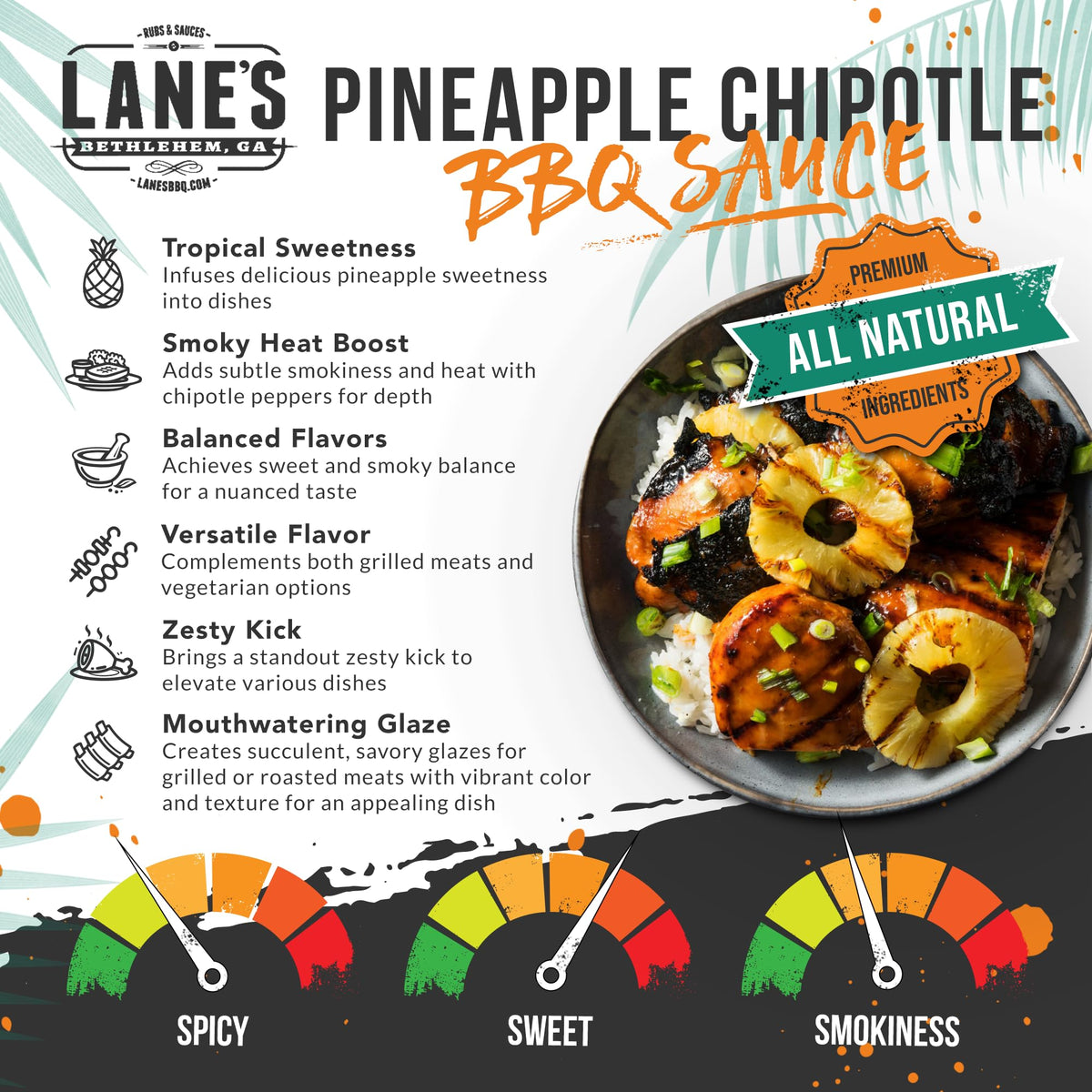 Lane's Pineapple Chipotle BBQ Sauce being poured onto a plate for dipping