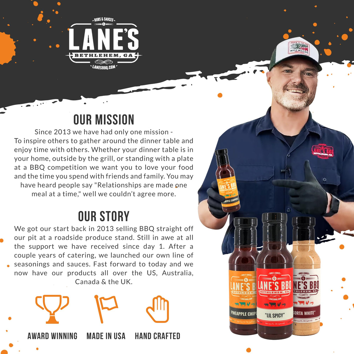 Lane's Pineapple Chipotle BBQ Sauce handcrafted in the USA on a kitchen counter
