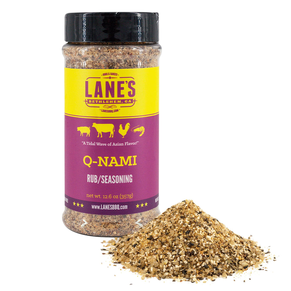 Lane's Q-Nami rub 12.6 oz bottle ready for bold grilling flavor.