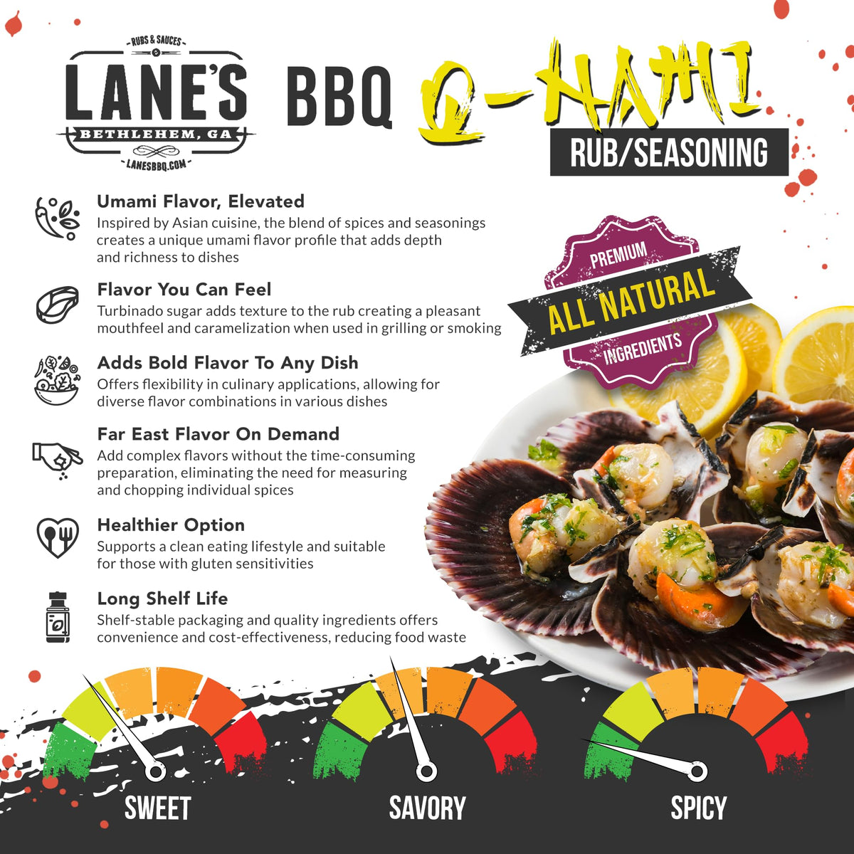 Lane's Q-Nami rub close-up reveals seven-spice blend and paprika notes.
