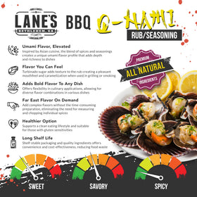 Lane's Q-Nami rub close-up reveals seven-spice blend and paprika notes.