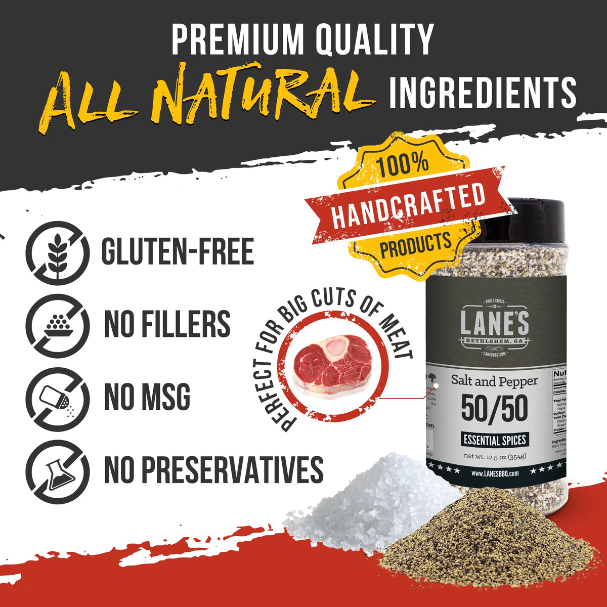 Lane's 50/50 ground mix texture ideal for even seasoning.