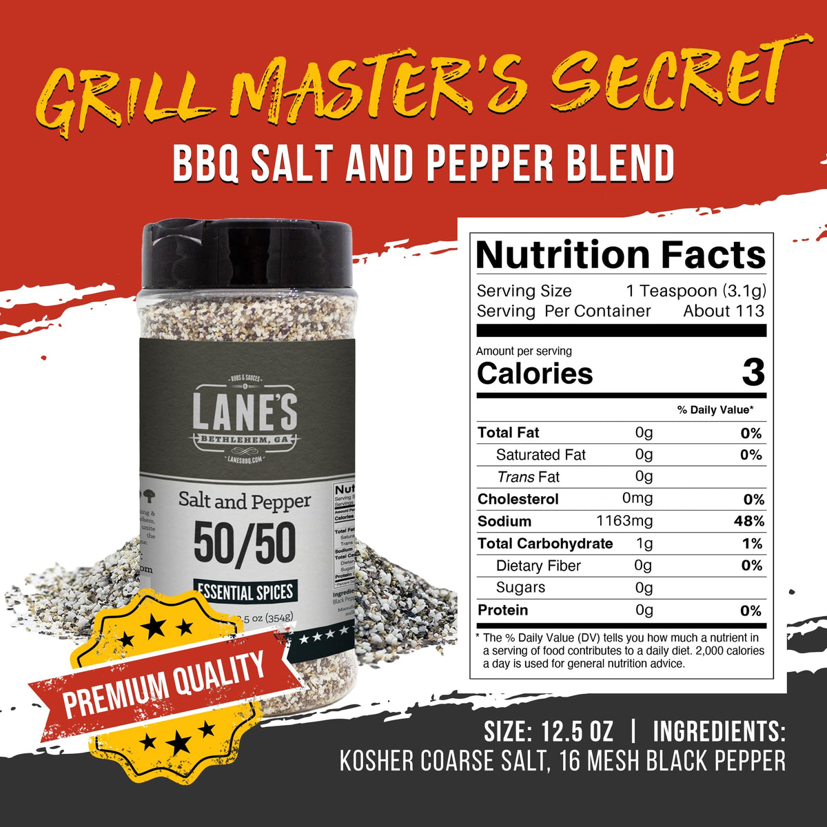 Lane's salt and pepper blend forms crust on grilled meats.