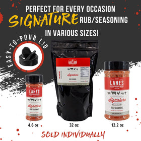 Lane's Signature BBQ Rub on beef steak showing even coating and flavor boost
