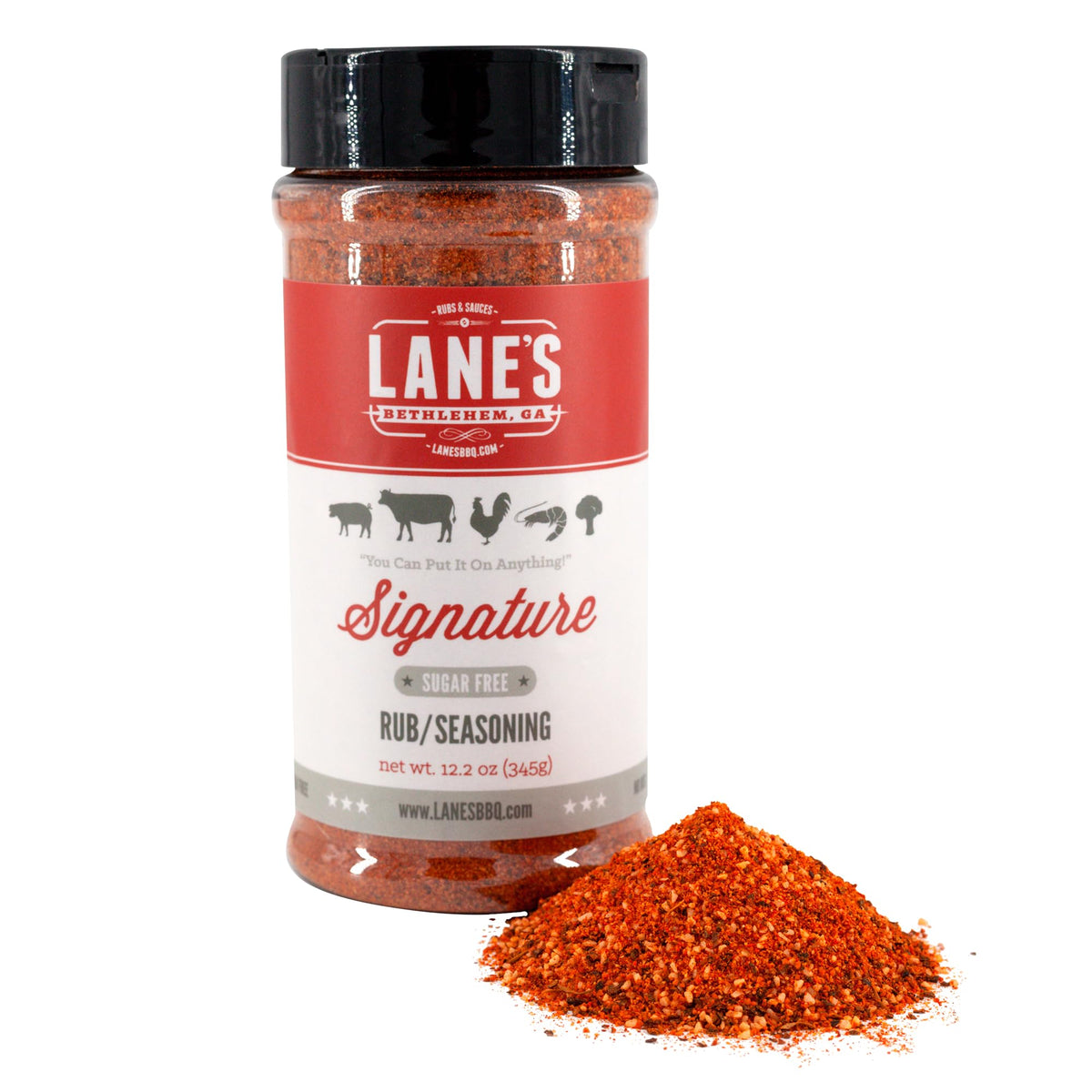 Lane's Signature BBQ Rub bottle front view highlighting all-natural seasoning for beef and pork