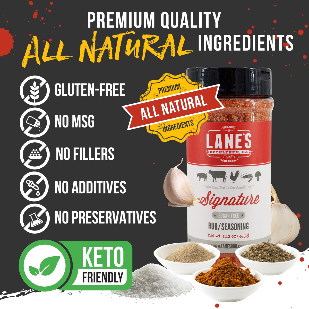 Lane's Signature BBQ Rub close-up texture shows pepper, garlic and paprika blend