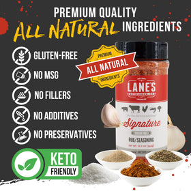 Lane's Signature BBQ Rub close-up texture shows pepper, garlic and paprika blend