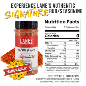 Lane's Signature BBQ Rub on pork ribs highlighting savory-sweet smoky aroma