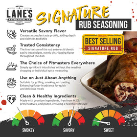 Lane's Signature BBQ Rub pour spout ready lid for easy seasoning during grilling